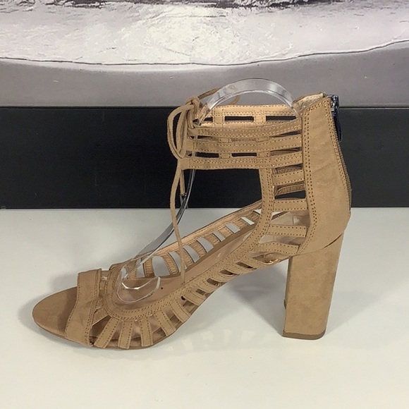 Franco Sarto Ernie Tan Faux Suede Block Heel Open Toe Cage Zip Tie Sandals Sz 8 - Picture 3 of 12